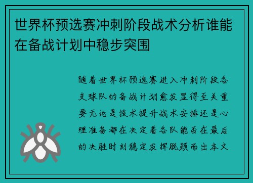 世界杯预选赛冲刺阶段战术分析谁能在备战计划中稳步突围